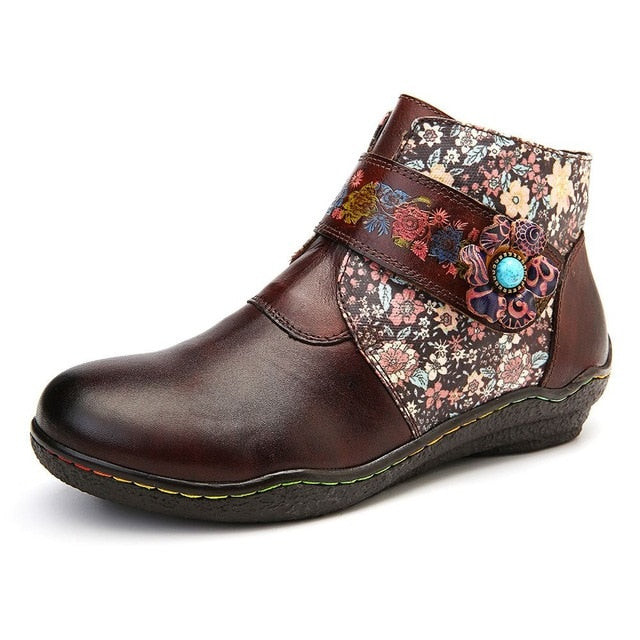 Women Genuine Leather Flowers Colorful Stitching Flat Boots