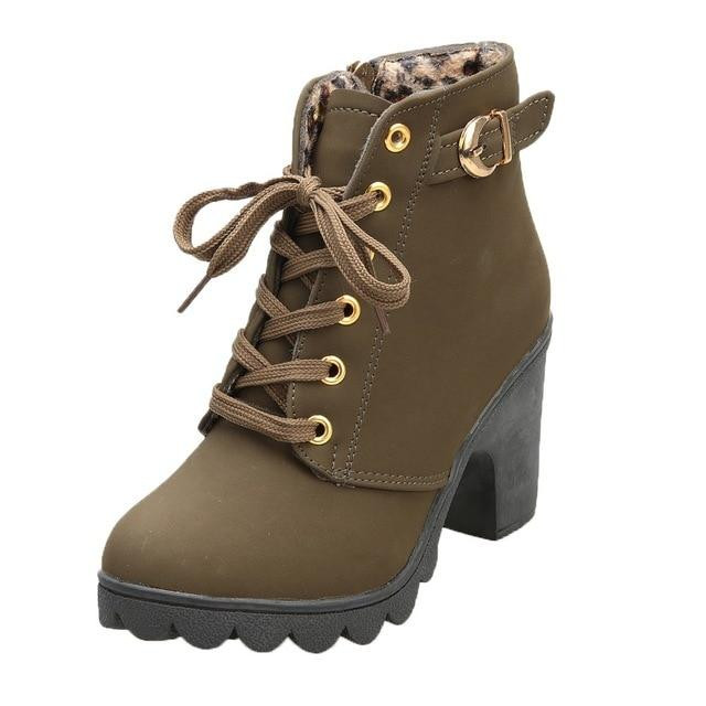 Women Boots Fashion High Heel Lace Up Buckle Platform Ankle Boots