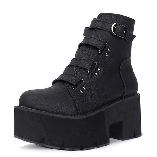Women Ankle Boots Platform Rubber Sole Buckle Leather High Heels