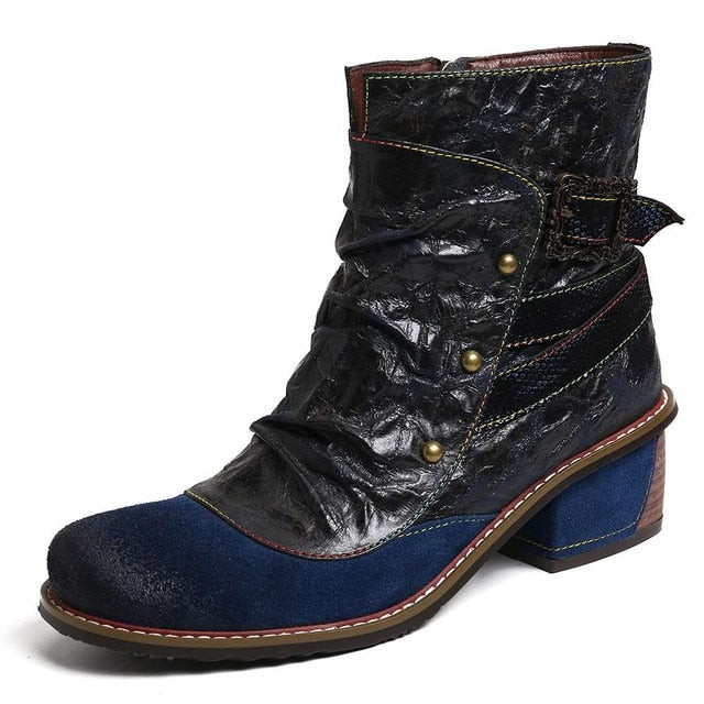 Women Genuine Leather Colorful Stitching Rivet Zipper Low Heel Boots