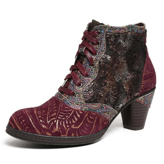 Women Retro Genuine Leather Splicing Embossed Rose  Ankle Boots