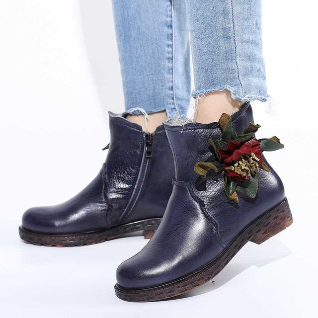 Women Retro Handmade Flower Genuine Leather Short Boots