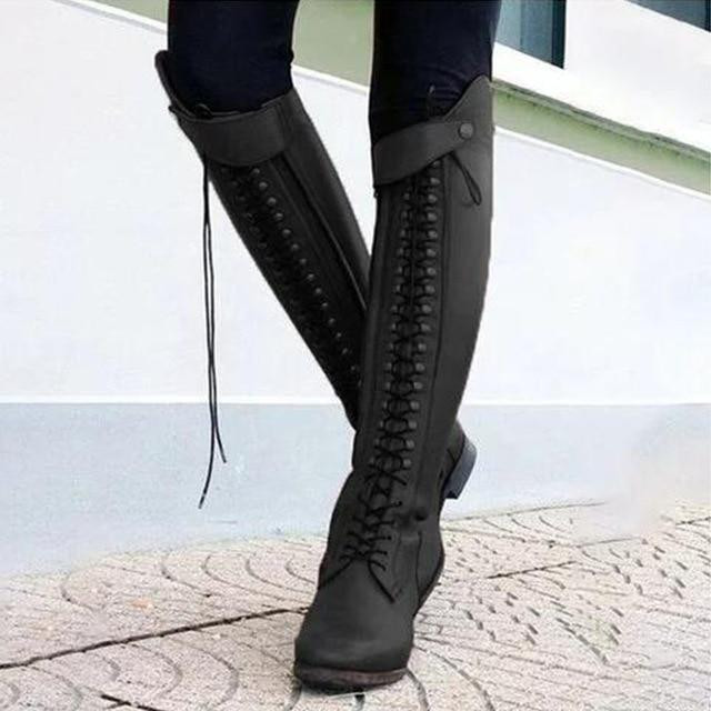 Women Knee High Boots Retro Fashion Lace Up Cool Style Zip Low Square Heel
