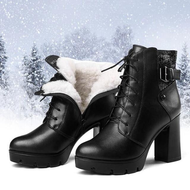 Women Ankle Boots Full Cowhide Plus Velvet Thick Wool Warm High Heel