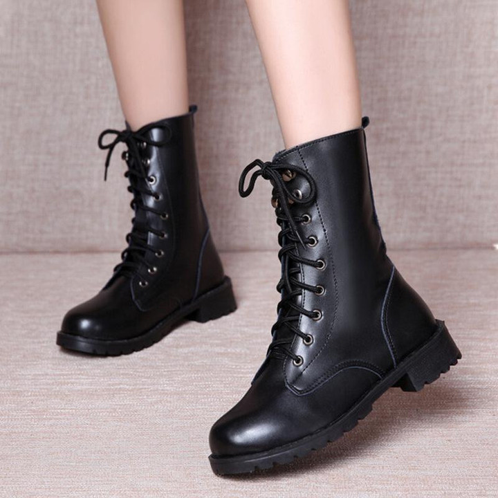 Women Waterproof Boots Rubber Sole Lace Up Sewing Solid Ankle Boots
