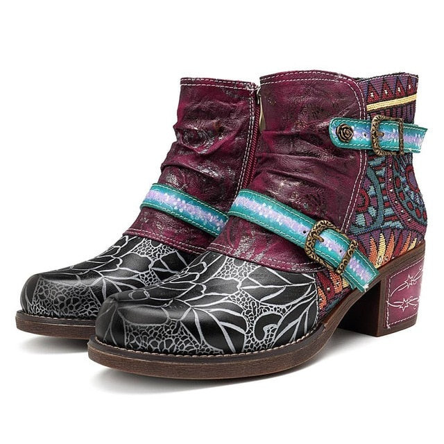 Women Printed Genuine Leather Splicing Ankle Boots