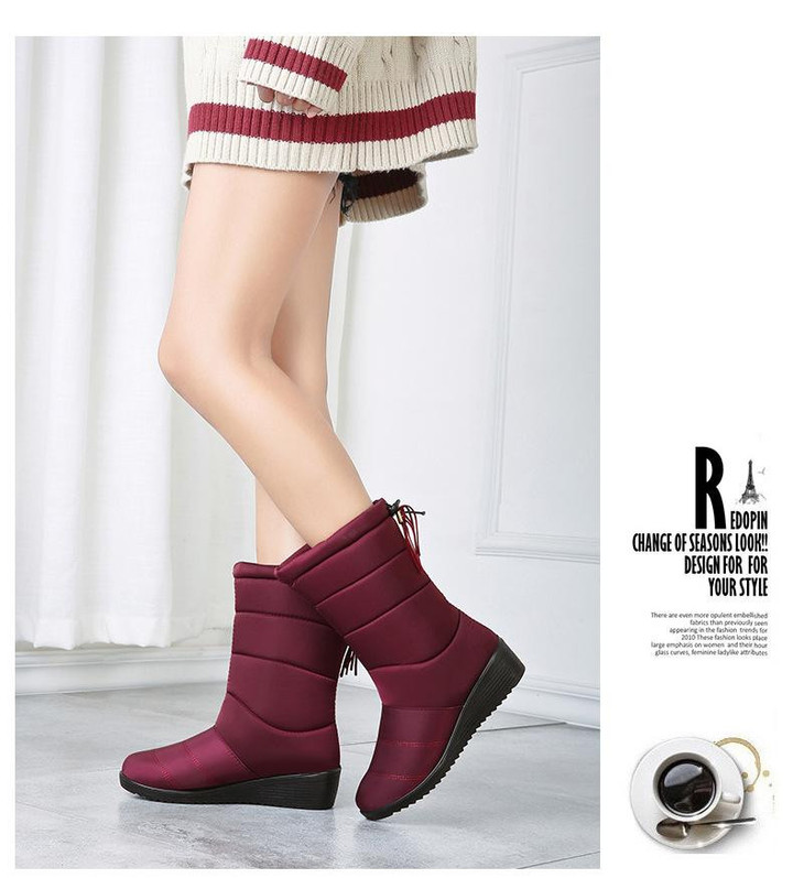 Women Winter Boots Mid-Calf Warm Wedge Rubber Plush Snow Booties