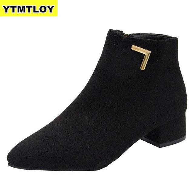 Fashion Women Boots Premium Leather Low High Heels Pointed Toe Rubber Ankle Boots
