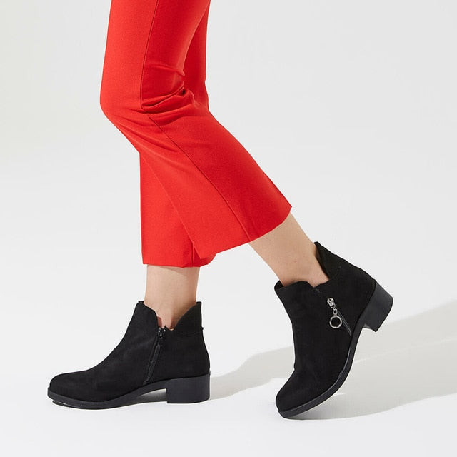 Women Suede Leather Fashion Zipper Black Ankle Boots