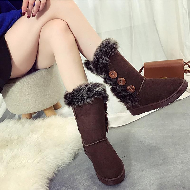 New Fashion Women Mid Calf Winter Boots Felt Hair Button With Faux Fur Boots