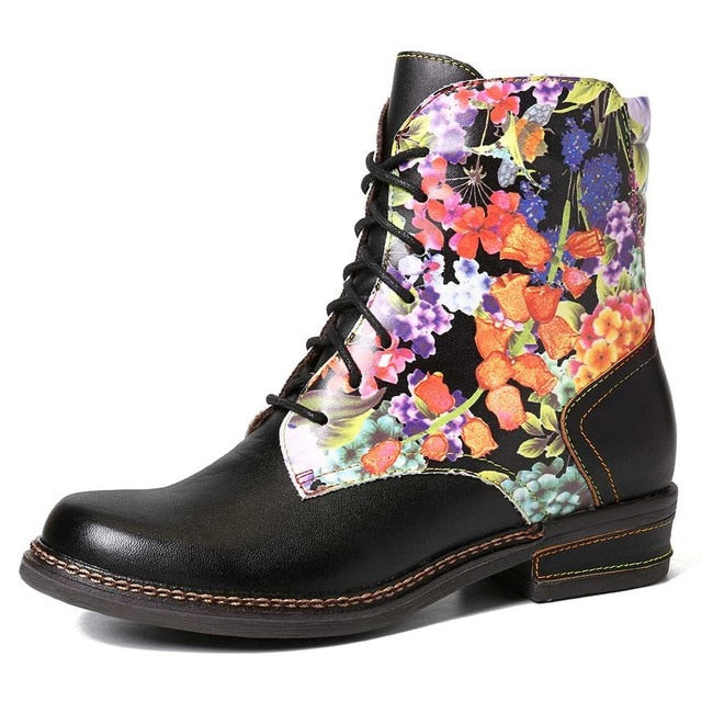 Women Flowers Pattern Genuine Leather Stitching Lace Up Zipper Boots