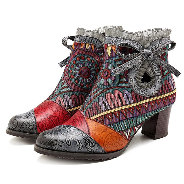 Women Bohemian Bowknot Lace Genuine Leather Ankle Boots