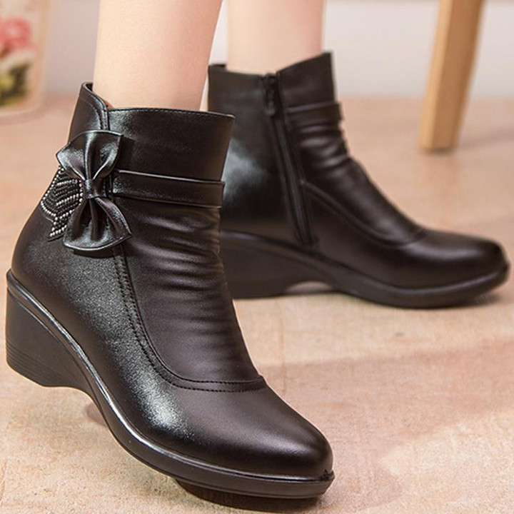 Women Boots Cute Butterfly Knot Genuine Leather Warm Plush Winter Boots