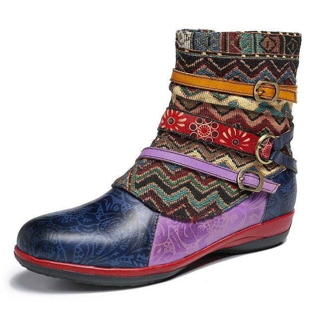 Women Multicolored Soft Genuine Leather Stitching Flat Ankle Boots
