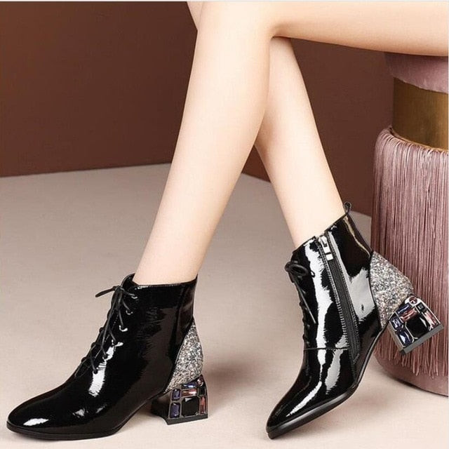 Women Rhinestone Thick Heel Leather Naked Boots