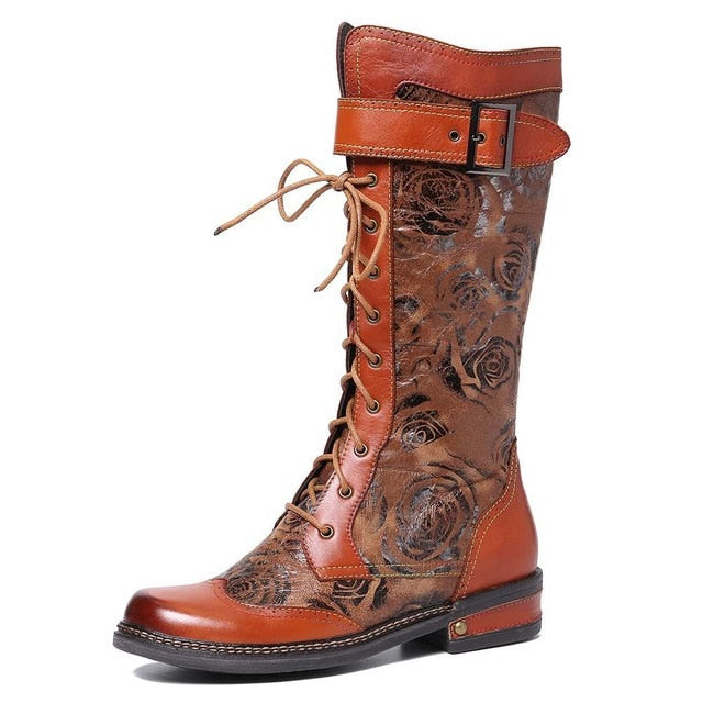 Women Embossed Rose Pattern Genuine Leather Splicing Mid Calf Boots