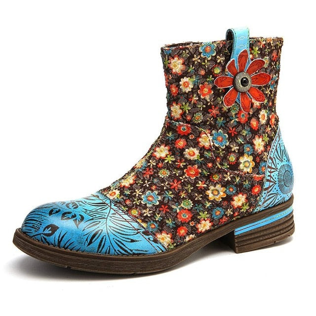 Women Flowers Splicing Genuine Leather Ankle Boots