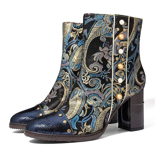 Women Vintage Flower Sheep Leather High Heels Ankle Boots