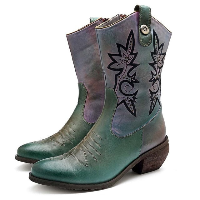 Women Retro Genuine Leather Cowgirl Mid-calf Boots