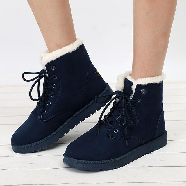 Women Winter Boots Lace Up New Fashion Flock Warm Fur Suede Ankle Boots