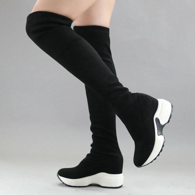 Women Boots Stretch Fabrics Over The Knee Height Increasing Round Toe Long Boots