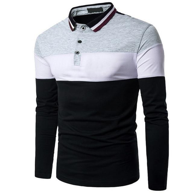 Brand Design Men Long Sleeve Striped Slim Contrast Color Polo Shirt