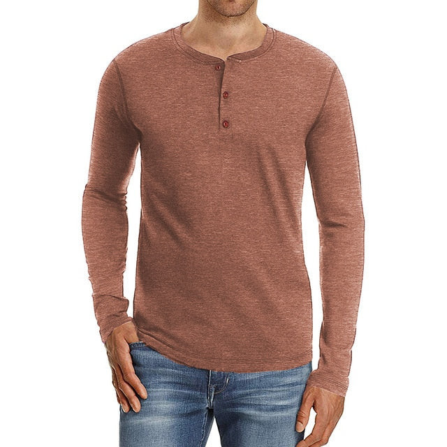 Men Long Sleeve Comfortable Cotton Henley T-Shirt