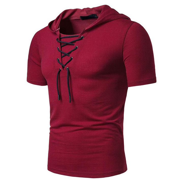Fashion Style Men Hooded Europe Size Loose Lace Tie Short SleeveT-shirt