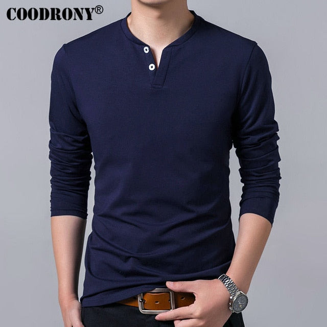Men Long Sleeve Henry Collar Cotton T-Shirt