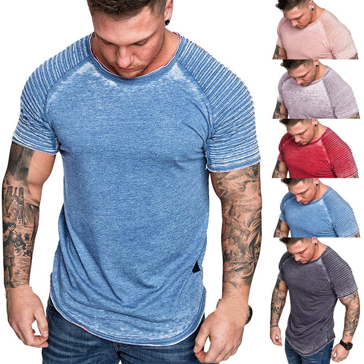 Men Pleats Slim Fit Raglan Short Sleeve Pattern Fitness Gyms T-Shirt