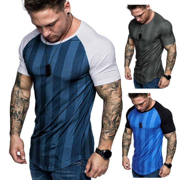 Cool Style Men Fashion  Short Sleeve Striped Fitness T-Shirt