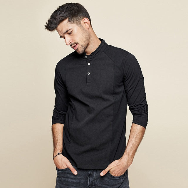 Men Cotton Button Plain Long Sleeve T-Shirt