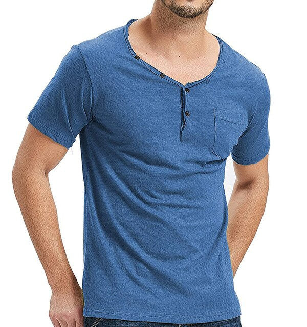 Men Fashion V-Neck Buttons Cotton T-Shirt