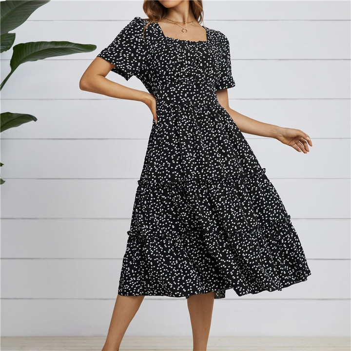 Women Love Pattern Dot Print Casual Short Sleeve Dress