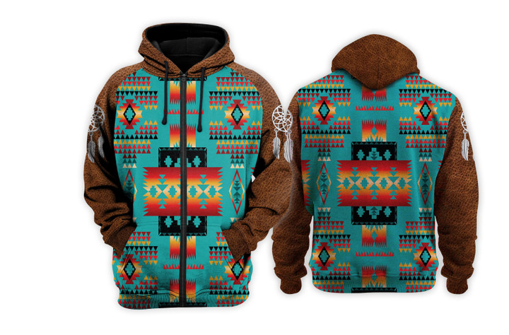 GB-NAT00046-01B Blue Native Tribes Pattern Native American 3D Zip Up Hoodie - 1