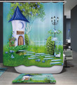 3D Printed Shower Curtain House Green Polyester Fabric