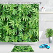Green Marijuana Leaves Pattern Waterproof Fabric Shower Curtain Set Bathroom Mat Gift