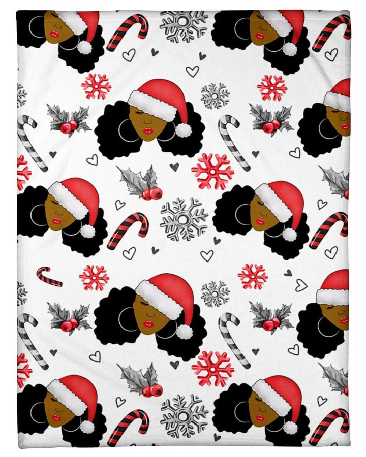Black Women Christmas Pattern Snowflake Candy Cane Fleece Blanket