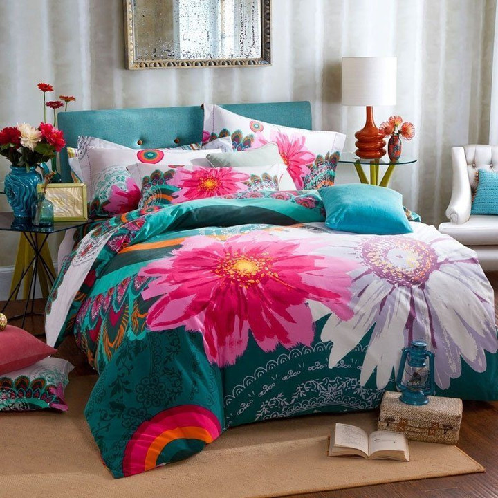 Teal Hot Pink And White Watercolor Flower Bedding Set All Over Prints