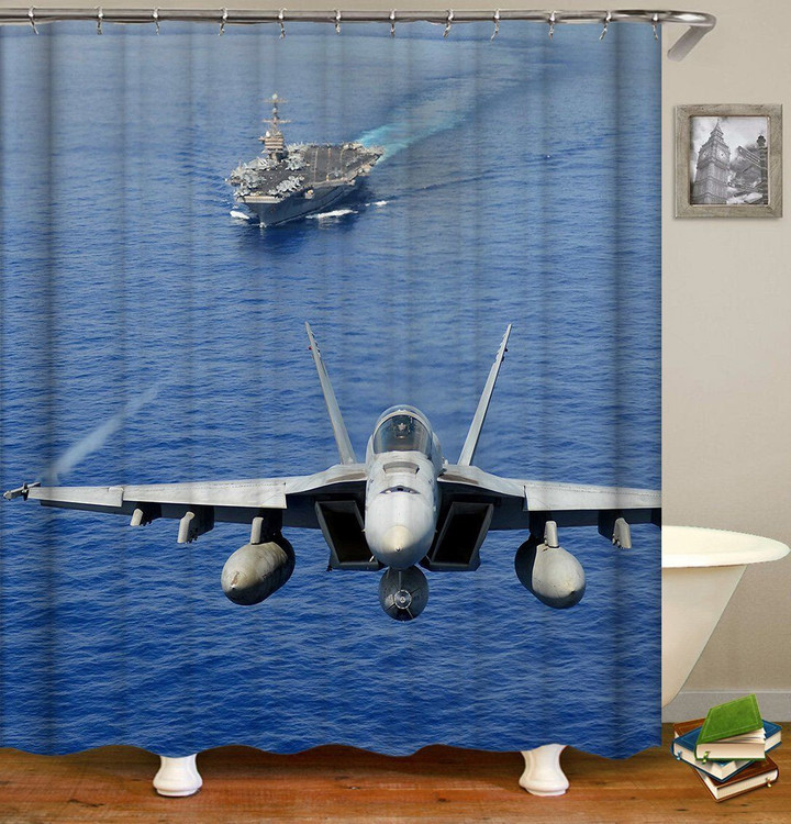 Aircraft Blue Polyester Cloth 3D Printed Shower Curtain