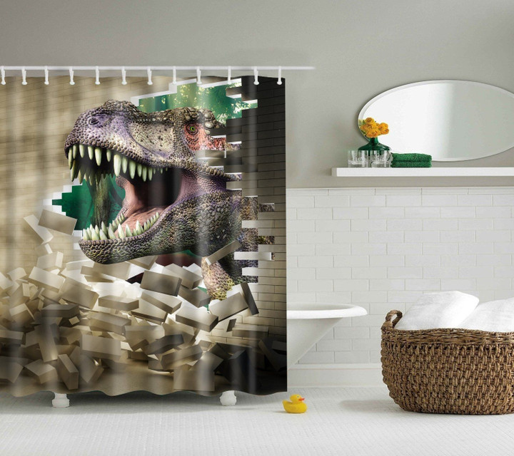 3D Dinosaur Destroy Wall Shower 3D Printed Shower Curtain Gift Home Decor