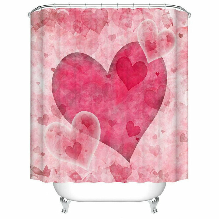 Pink Love Heart Valentines Shower Curtain Set Polyester Bath Curtain 12 Hooks