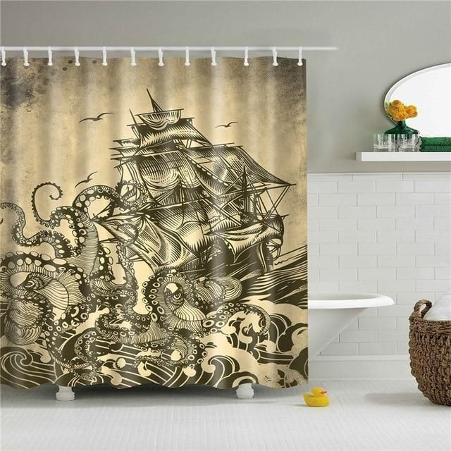 Kraken & Ship Fabric Shower Curtain Vibrant Color High Quality Unique For Good Vibes Home Decor