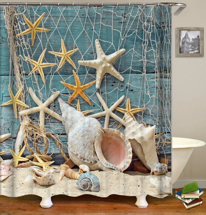 Starfish Blue Polyester Cloth 3D Printed Shower Curtain