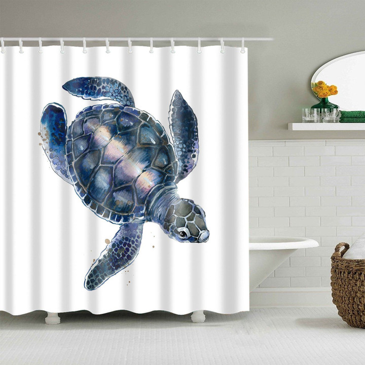 Watercolor Midnight Blue Sea Turtle 3D Printed Shower Curtain Giving Turtle Lovers