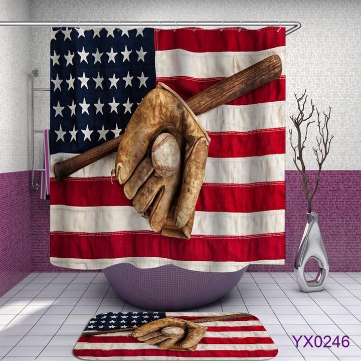 Us Flag Shabby Chic Polyester Fabric Giving Baseball Lovers 3D Printed Shower Curtain