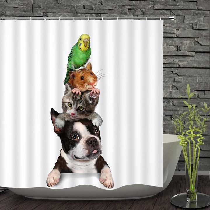 Cat Mouse And Bird Laying On Head Dog 3D Printed Shower Curtain Home Decor Gift