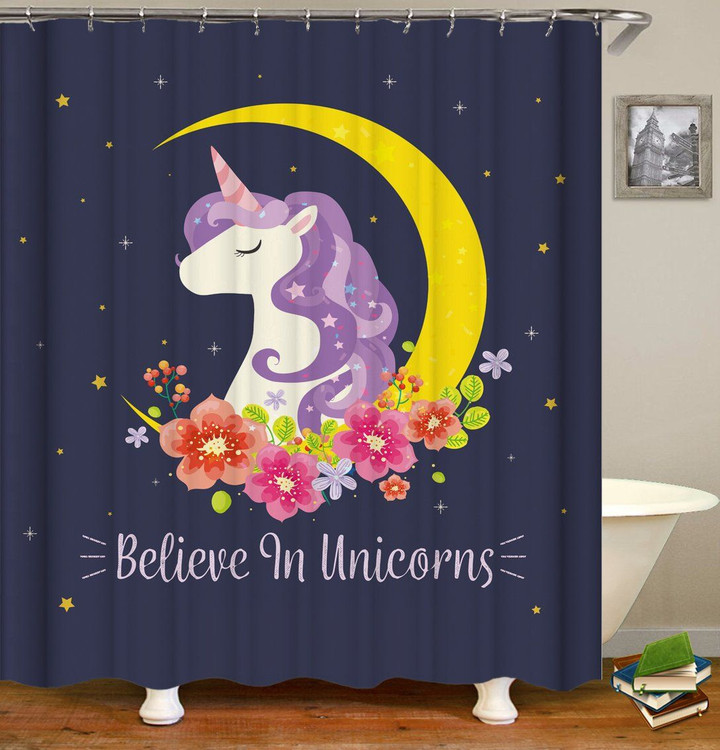Horse Believe In Unicorn Purple Polyester 3D Printed Shower Curtain Best Home Decor Gift