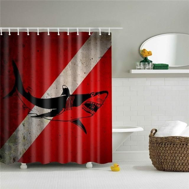 Dive Flag Shark Fabric Shower Curtain Vibrant Color High Quality Unique For Good Vibes Home Decor