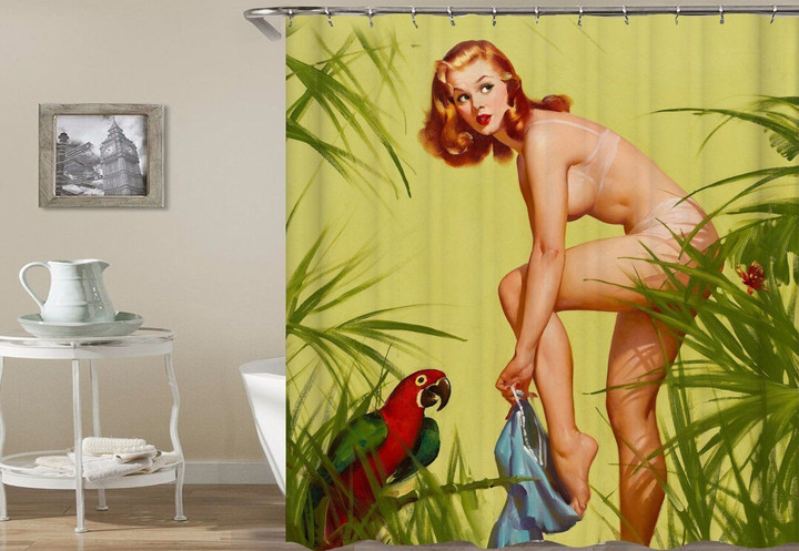 Funny Parrot See Girl Pale Green Polyester Cloth 3D Printed Shower Curtain